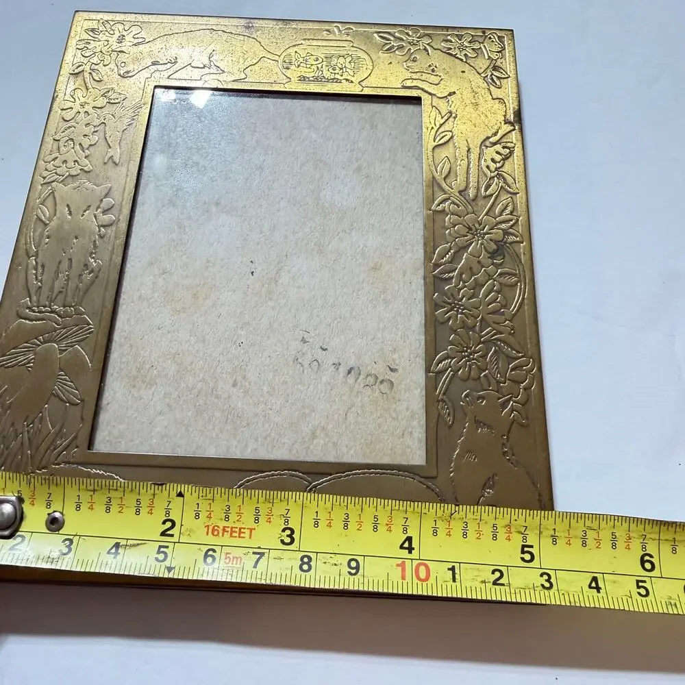 Vintage M.W. Carr Brass Cat Picture Frame 5x6 Embossed Mushroom Hummingbird Fish